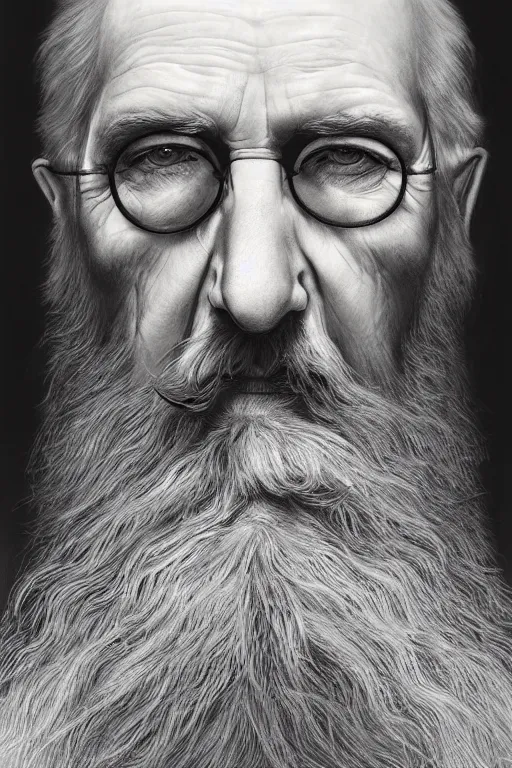 Image similar to a stunning ultra realistic pencil drawing of a content old man with a long gray beard, peaceful and graceful, by dirk dzimirsky and tom bagshaw, studio portrait, pencil and charcoal, melancholic, catchlight in the eyes, 4K