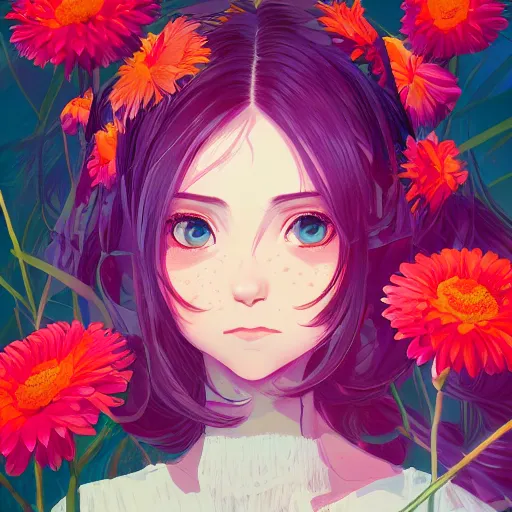 Image similar to a portrait of Anya joy Taylor, field of flowers background, rich vivid colors, ambient lighting, dynamic lighting, 4k, official media, anime key visual, makoto shinkai, ilya kuvshinov, lois van baarle, rossdraws, detailed, trending on artstation