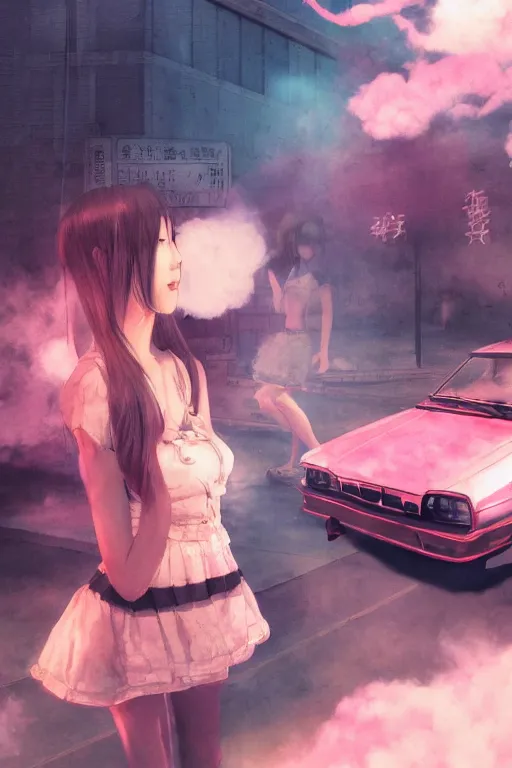 Image similar to art by D. Jun, by Mo Xiang Tong Xiu, Infrared Unreal Engine 3d dark render, cute girls in Japanese maid's clothes and smoking inside a JDM car at night in a parking lot, anime vintage colors, polaroid, foggy, smoke, steam, parov, daz 3d, octane render, trending on artstation, volumetric light, cinematic render, ultra realistic, oil painting