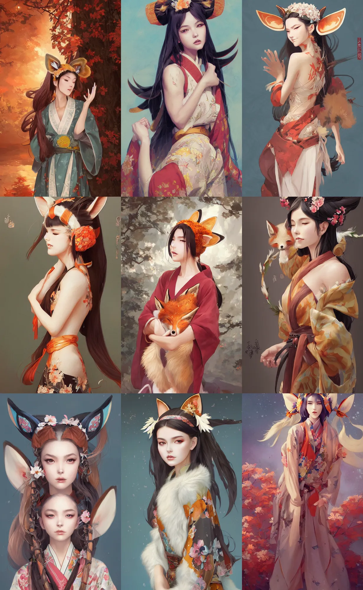 Prompt: A beautiful digital painting of a beautiful young woman with fox ears and nine fox tails wearing a kimono, by Stanley Artgerm Lau, WLOP, Rossdraws, James Jean, Andrei Riabovitchev, Marc Simonetti, and Sakimichan, tranding on artstation, SFW version