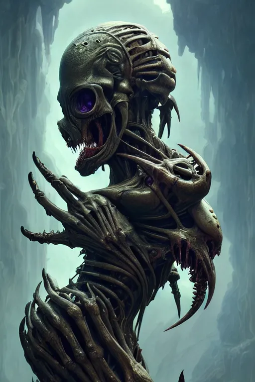 Image similar to ultra realistic, human alien predator hybrid, gothic, fantasy, flesh, bone, body horror, intricate details, eerie, highly detailed, octane render, 8 k, art by artgerm and alphonse mucha and greg rutkowski