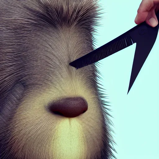 Image similar to a barber cutting the hair of a capybara, close - up shot, digital art, trending on artstation, matte painting