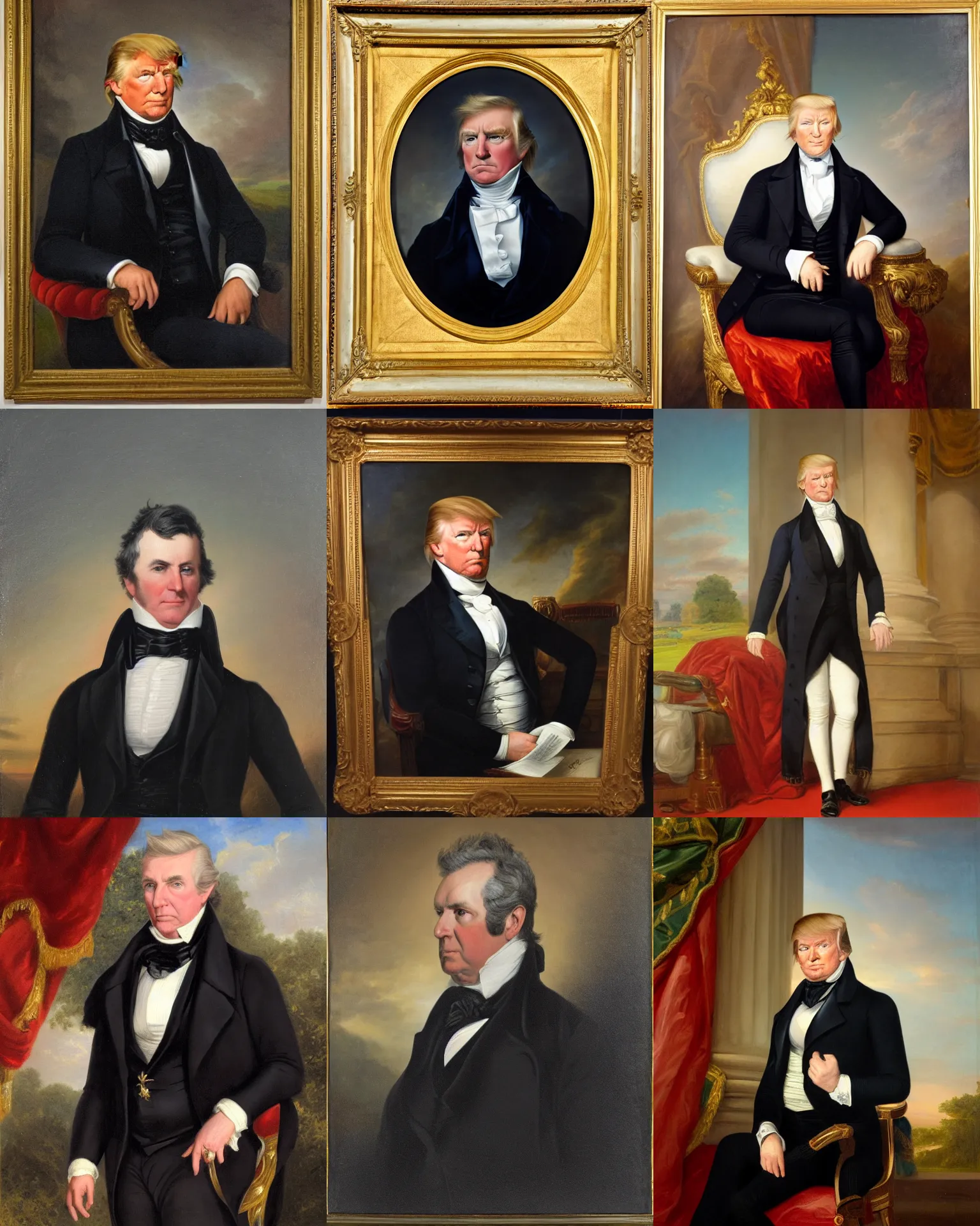 Prompt: Donald John Trump, 6th President of the United States, 1825-1829, Portrait by George Peter Alexander Healy in 1858. Oil on canvas, 62 x 47 inches, White House Collection/White House Historical Association
