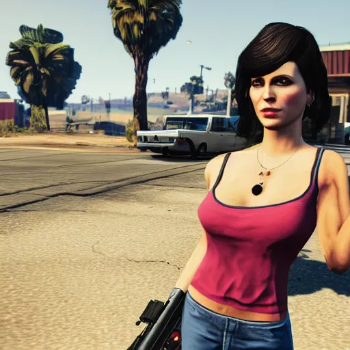 Image similar to gta 5, gta V style, gorgeous, girl with a gun