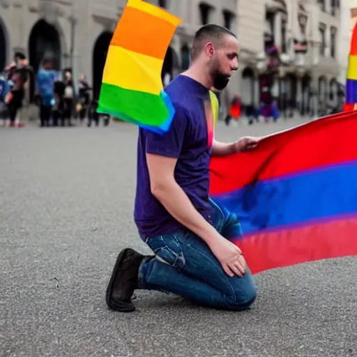 Image similar to lgbt man kneeling on the ground crying, his hands on the ground, holding an lgbt flag, tears coming down his eyes