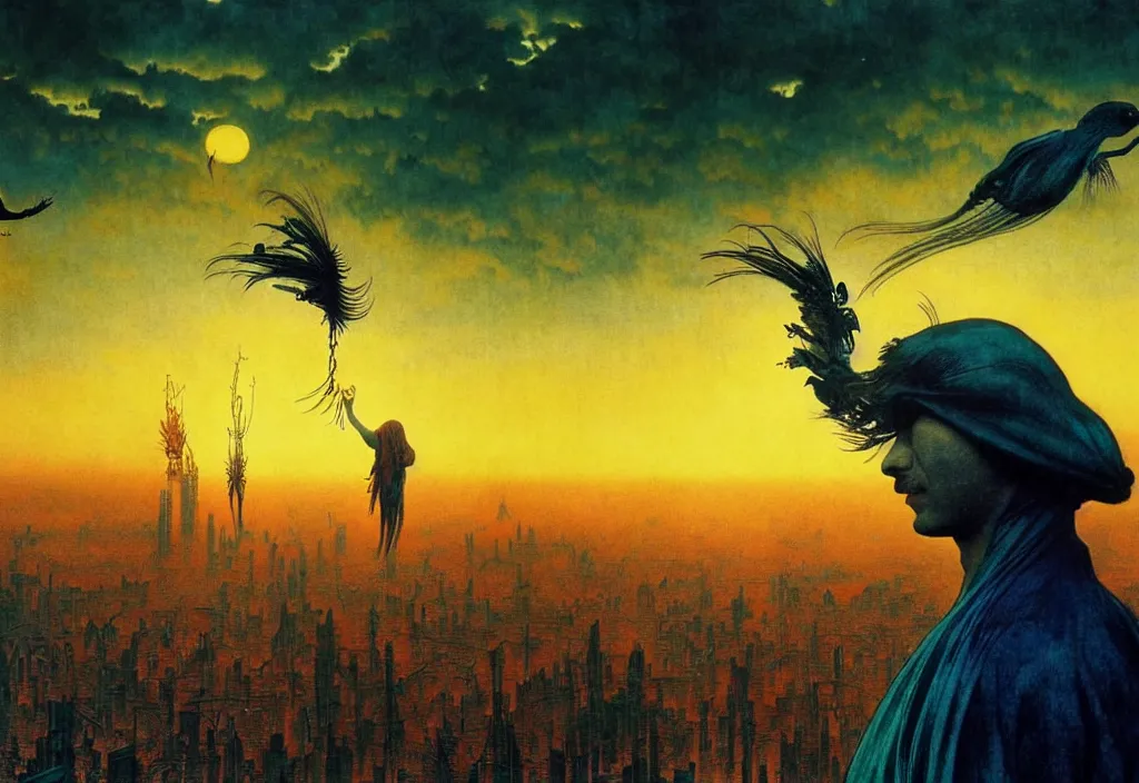 Prompt: realistic detailed portrait movie shot of a birdman wearing dark ragged robes, futuristic city sunset landscape background by denis villeneuve, amano, yves tanguy, alphonse mucha, ernst haeckel, max ernst, roger dean, rich moody colours, cinematic closeup