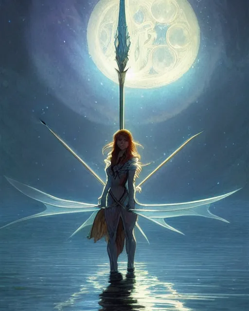 Image similar to excalibur in the middle of a lake under a giant full moon, rippling reflections, romantic, cinematic, intricate, elegant, highly detailed, artstation, concept art, smooth, sharp focus, art by artgerm and greg rutkowski and alphonse mucha, masterpiece.