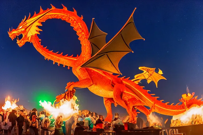 Prompt: firebreathing dragon statue at a festival in the desert at night, wide angle, F 1.4