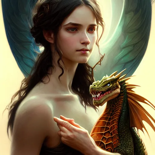 Image similar to Portrait of female sorcerer and her pet dragon, epic dark fantasy, medium shot, intricate, elegant, highly detailed, digital painting, artstation, concept art, smooth, sharp focus, illustration, art by artgerm and greg rutkowski and alphonse mucha