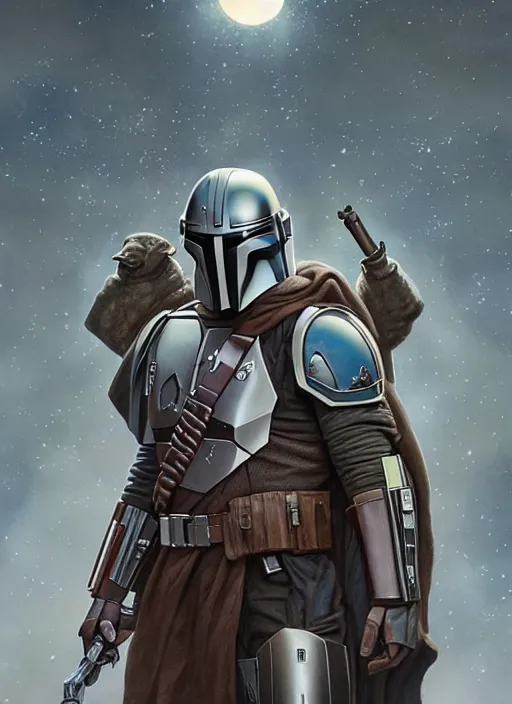 Image similar to the mandalorian surrounded by starlight, moon behind him, fantasy, intricate, elegant, hyper detailed, ultra definition, photoreal, artstation, unreal engine rendered, concept art, smooth, sharp focus, illustration, art by artgerm and greg rutkowski and alphonse mucha and garis edelweiss