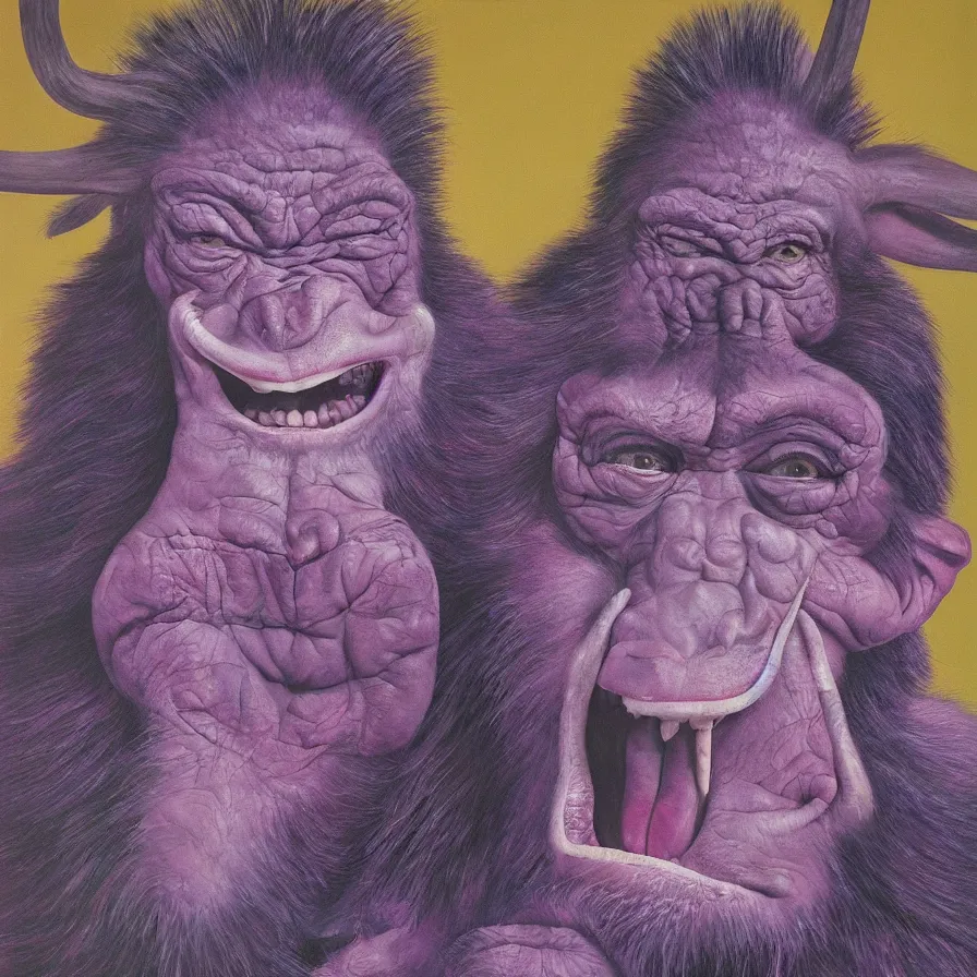 Image similar to hyper realistic painting by chuck close, studio lighting, brightly lit purple room, an ape with antlers laughing at a giant crying rabbit clown