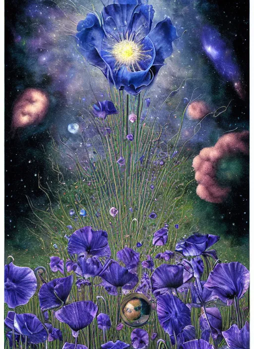 Image similar to detailed, intricate blue black and purple papaverum flower on the field, nebula, galaxy in the sky, winning award masterpiece, fantastically beautiful, illustration, aestheticly inspired, jacek yerka, upscale with anguissola sofonisba work, artstation, 8 k