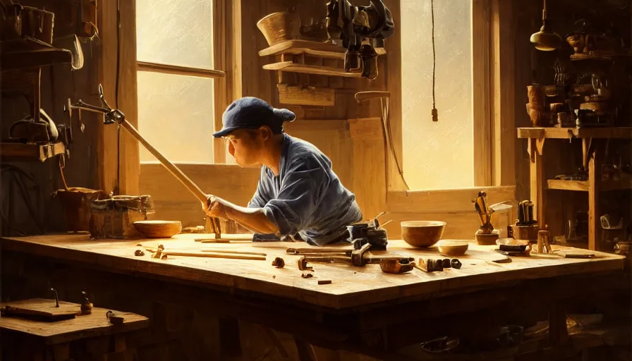 Prompt: highly detailed oil painting | very intricate | cinematic lighting | award - winning | simple carpenter fine craftsman | building a wooden table in their well organized clean workshop | beautiful cinematic light, american romanticism, by huang guangjian, gil elvgren, ruan jia, randy vargas, greg rutkowski, artstation, cgsociety, official art, octane