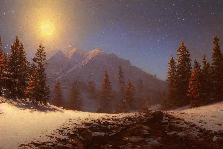 Image similar to mountains, trees, beautiful nature, winter, night, stars, snow, very detailed, focused, oil painting, colorful, canvas, artstation, Sydney Mortimer Laurence, Albert Bierstadt