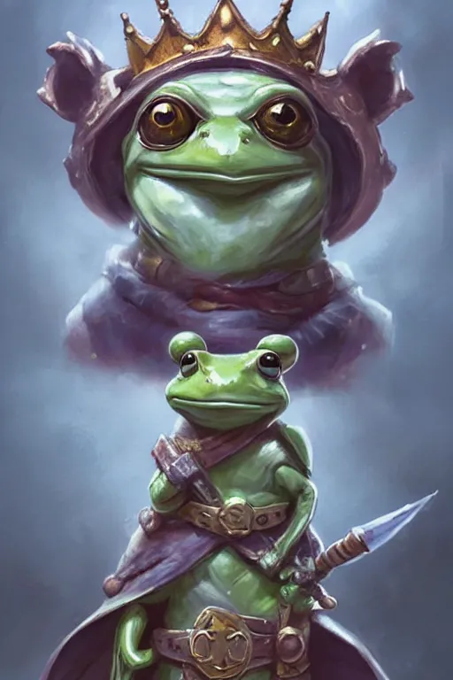 Prompt: cute anthropomorphic frog knight wearing a cape and a crown, tiny, small, miniature bear, baby animal, short, pale blue armor, cute and adorable, pretty, beautiful, DnD character art portrait, matte fantasy painting, DeviantArt Artstation, by Jason Felix by Steve Argyle by Tyler Jacobson by Peter Mohrbacher, cinematic lighting