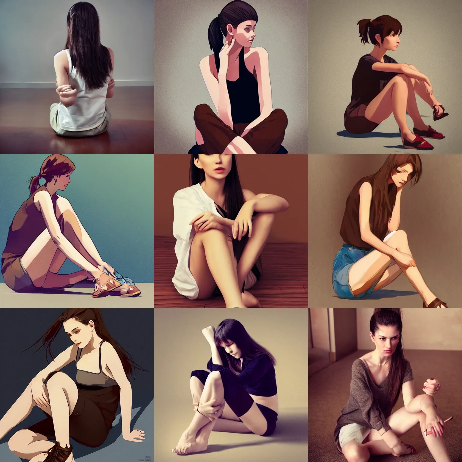 Prompt: beautiful woman wearing shorts, brown hair in a ponytail, sitting cross legged, tasteful, in the style of ilya kuvshinov