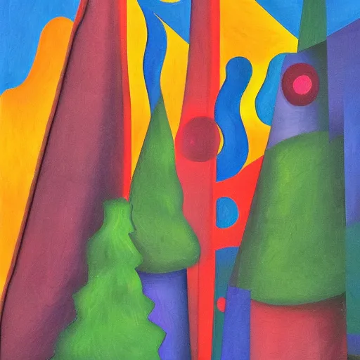 Prompt: the towering douglas fir trees kept her safe with their continual breath and she was at peace, surrealistic abstract art in the style of cubism and georgia o keefe