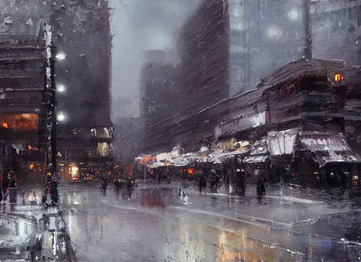 Image similar to a cityscape in winter painting by jeremy mann, street - level, dripping oil paint, thick brushstrokes, high resolution