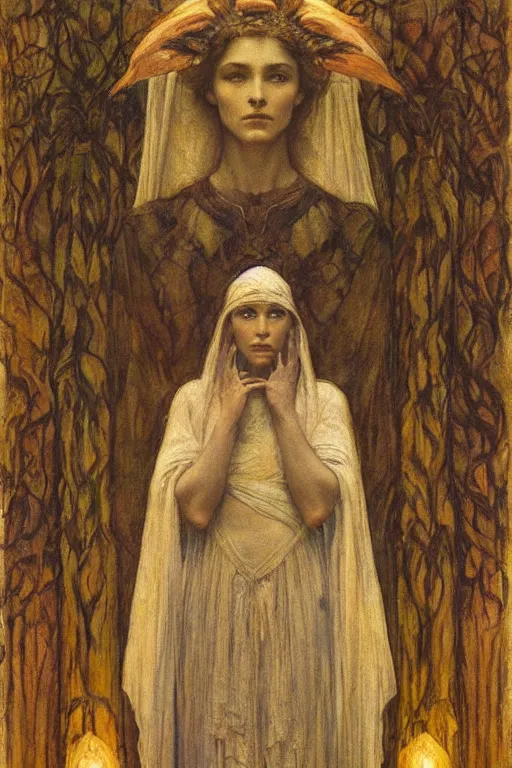 Image similar to spirit of the last forest by Annie Swynnerton and Nicholas Roerich and jean delville, strong dramatic cinematic lighting , ornate headdress , flowing robes, lost civilizations, smooth, sharp focus, extremely detailed