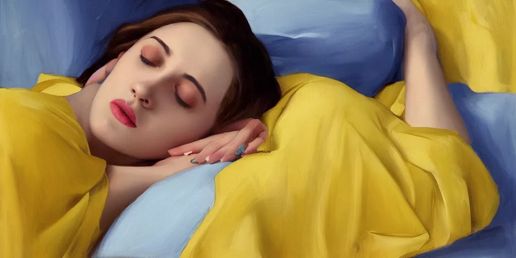 Image similar to beautiful oil matte portrait painting, young woman with closed eyes lying on a red bedsheet with blue pillows wearing a mustard yellow dress, detailed face, wonderful masterpiece, highly detailed, beautiful cinematic light, deep focus, elegant, digital painting, smooth, sharp focus, golden ratio, dramatic illumination, ultra realistic, 8 k, art by jimmy law and caravaggio