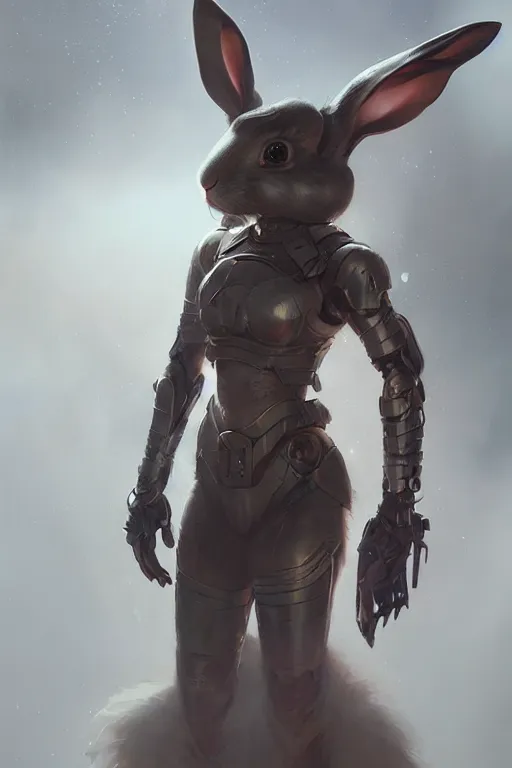 Image similar to rabbit girl portrait, sci - fi, futuristic armor, dramatic lighting, highly detailed, digital painting, 3 d render, hyper realistic detailed portrait, greg rutkowski, wlop, ruan jia, peter mohrbacher