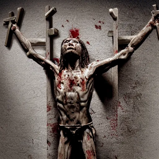 Image similar to a highly detailed realistic photographic render crucified bloody humanoid pig, bloody christ with the head of a pig, dead souls, religious sculpture, creepy, cinematic lighting, cinematic scene, Volumetric lighting, Atmospheric scene, Dark, Horror, Atmospheric lighting, Global illumination, realistic, photo realism, hyper realistic, hyper realism, photo realisitc, cinematic render, film, beautifully lit, ray traced, octane 3D render, octane render, unreal engine