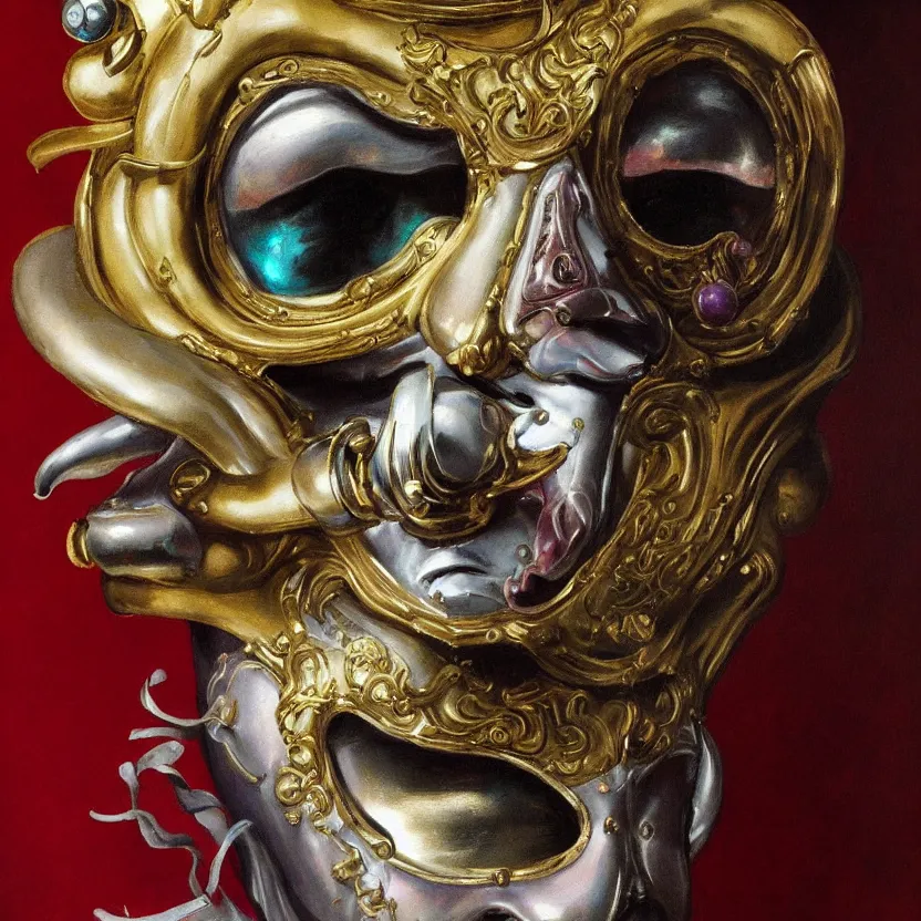 Prompt: baroque neoclassicist close - up portrait of a retrofuturistic clown wearing an iridescent silver venetian carnival mask. highly detailed science fiction painting by norman rockwell, frank frazetta, and syd mead. rich colors, high contrast, gloomy atmosphere. trending on artstation and behance.