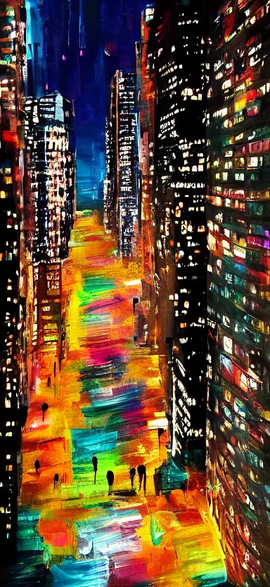 Prompt: “ city at night, covered in paint, digital art ”