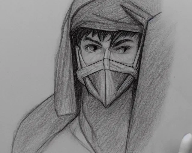 Image similar to draft drawing of a european young man covering face with fabric mask, draft sketch, trending on artstation, context art, pencil sketch, high detail