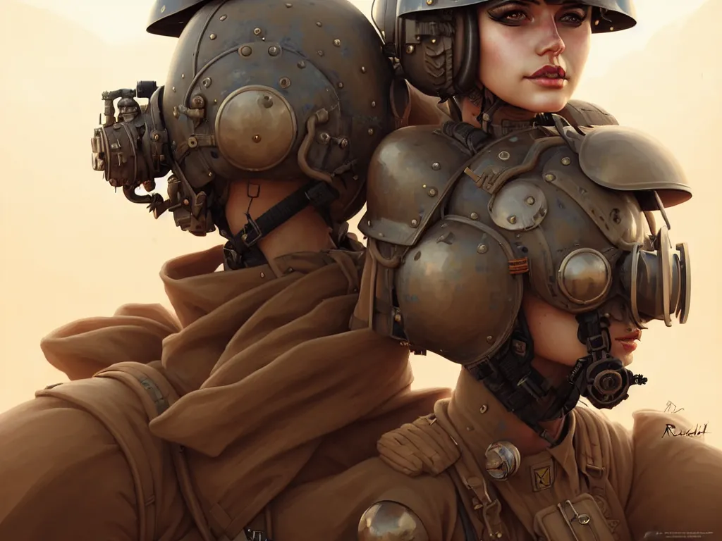 Image similar to portrait of dieselpunk soldier girl, helmet, stormy sandy desert, armored, highly detailed, digital painting, face detail, sharp focus, art, illustrations by loish and ayanamikodon and irakli nadar and rossdraws and wlop