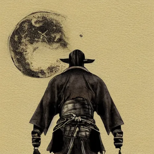 Image similar to a portrait from behind of a samurai man vagabond with a moon behind him, the samurai is wrapped in chains, detailed, illustration, concept art, ink style, sketch