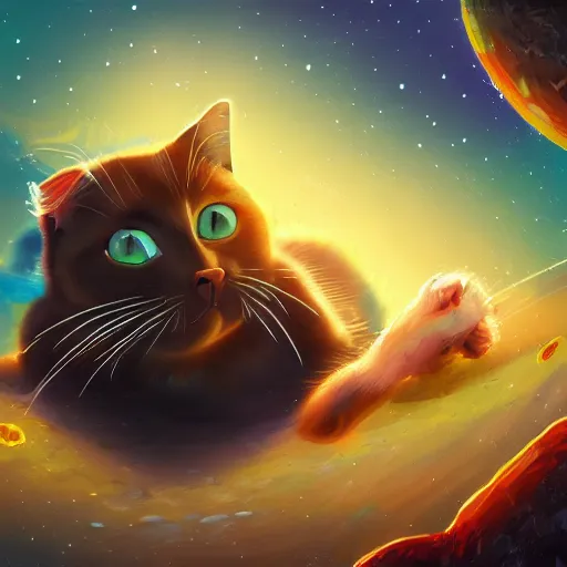 Image similar to concept art of annoyed cat adventures in space, digital painting, trending on artstation, 4 k resolution, highly detailed