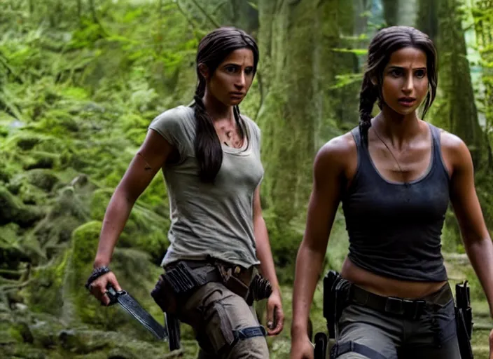 Image similar to film still of!!!! naomi scott!!! as lara croft in new tomb raider movie, 8 k