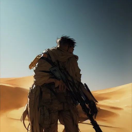 Image similar to man in the desert looking for wifi by Akihito Yoshitomi AND Yoji Shinkawa AND Greg Rutkowski, Mark Arian trending on artstation