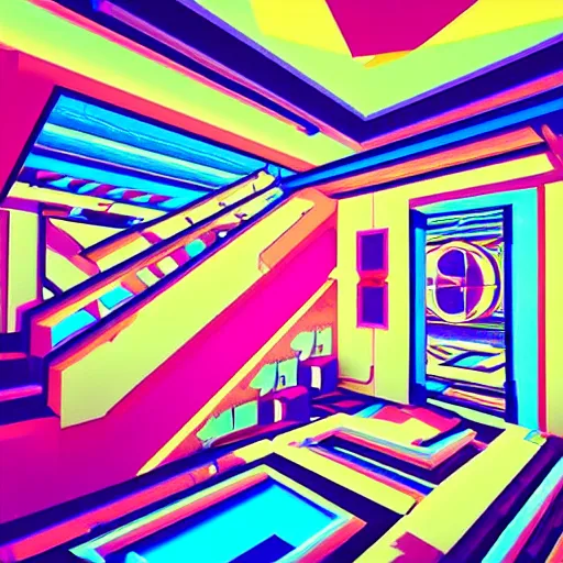 Image similar to a drawing of a room with a staircase, a computer rendering by kilian eng, cg society contest winner, psychedelic art, op art, isometric, voxel art, vaporwave
