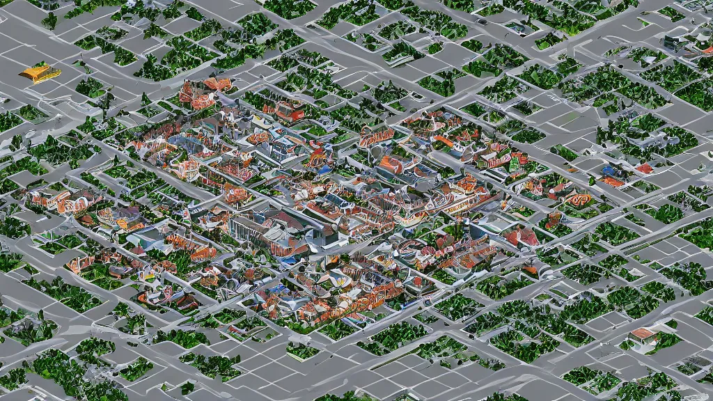 Image similar to photocopy tangential isometric mortgage village / city setting