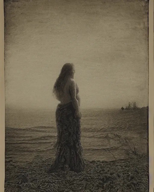 Image similar to a woman standing at the shore, made of intricate decorative lace leaf skeleton, in the style of the dutch masters and gregory crewdson, dark and moody