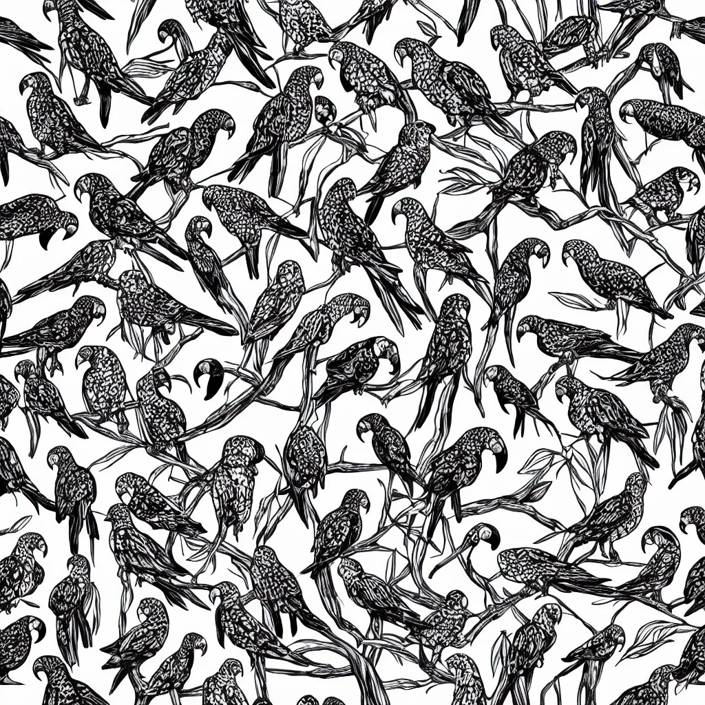 Image similar to seamless pattern of parrots. black and white, drawing, white background, seamless, ornament.