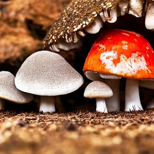 Image similar to macro photo with a mushroom character with cute eyes and mycelium, very close to real nature, natural colors and natural surroundings, painted patterns and coloring on mushrooms, 8K, highly detailed, cartoon