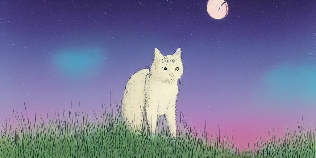 Prompt: a cat in a field by inio asano, beeple and james jean, aya takano color style, 4 k, super detailed, night sky, digital art, digital painting, celestial, majestic, colorful