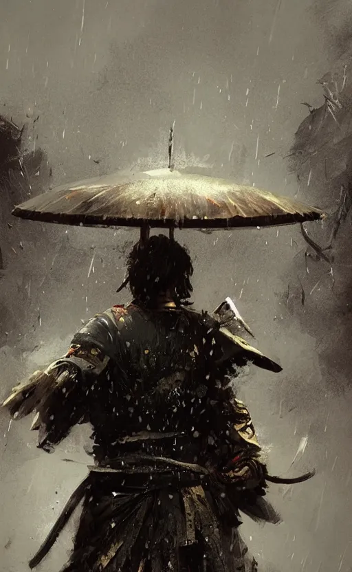 Prompt: samurai in rain, arcane, by fortiche, by greg rutkowski, esuthio, craig mullins