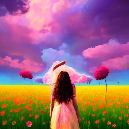 Image similar to girl made of giant flowers, dancing in a vast flower field, arms behind back, surreal photography, sunrise dramatic light, impressionist painting, colorful clouds, large sky, digital painting, artstation, simon stalenhag, flower face