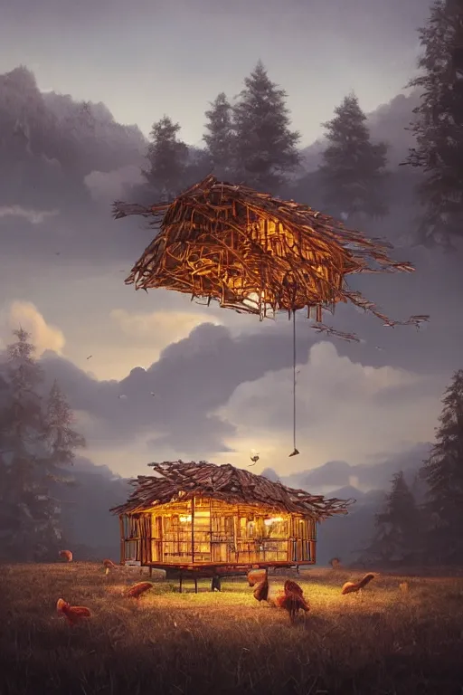 Image similar to an awesome twilight day concept art of giant old hut mixed with giant chicken, by kengo kuma and wes anderson with village, mixed development, cgsociety, fantastic realism, artstation hq