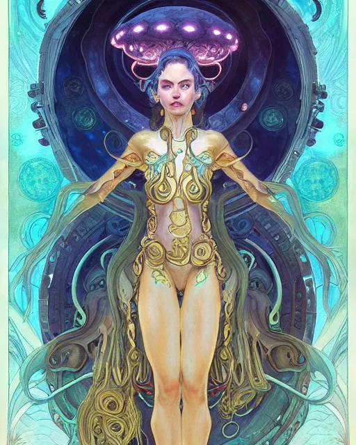 Prompt: alien goddess with body of octopus dreamy vision, highly detailed, gold filigree, romantic storybook fantasy, award, watercolor illustration by mandy jurgens and alphonse mucha and alena aenami, pastel color palette, featured on artstation