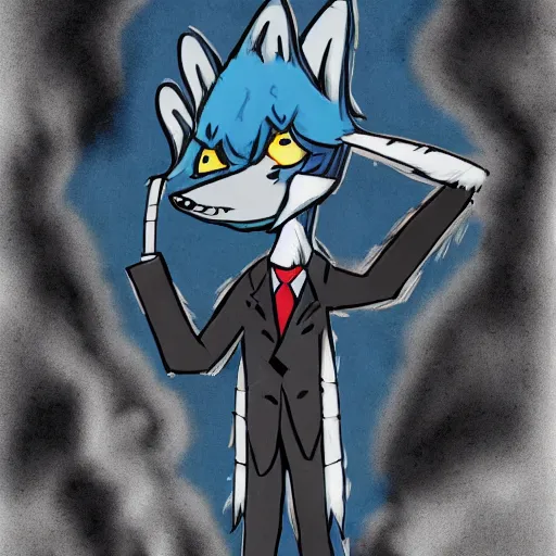 Prompt: anthropomorphic blue wolf rantsona with arms crossed in front of burning orphanage, cinematic composition