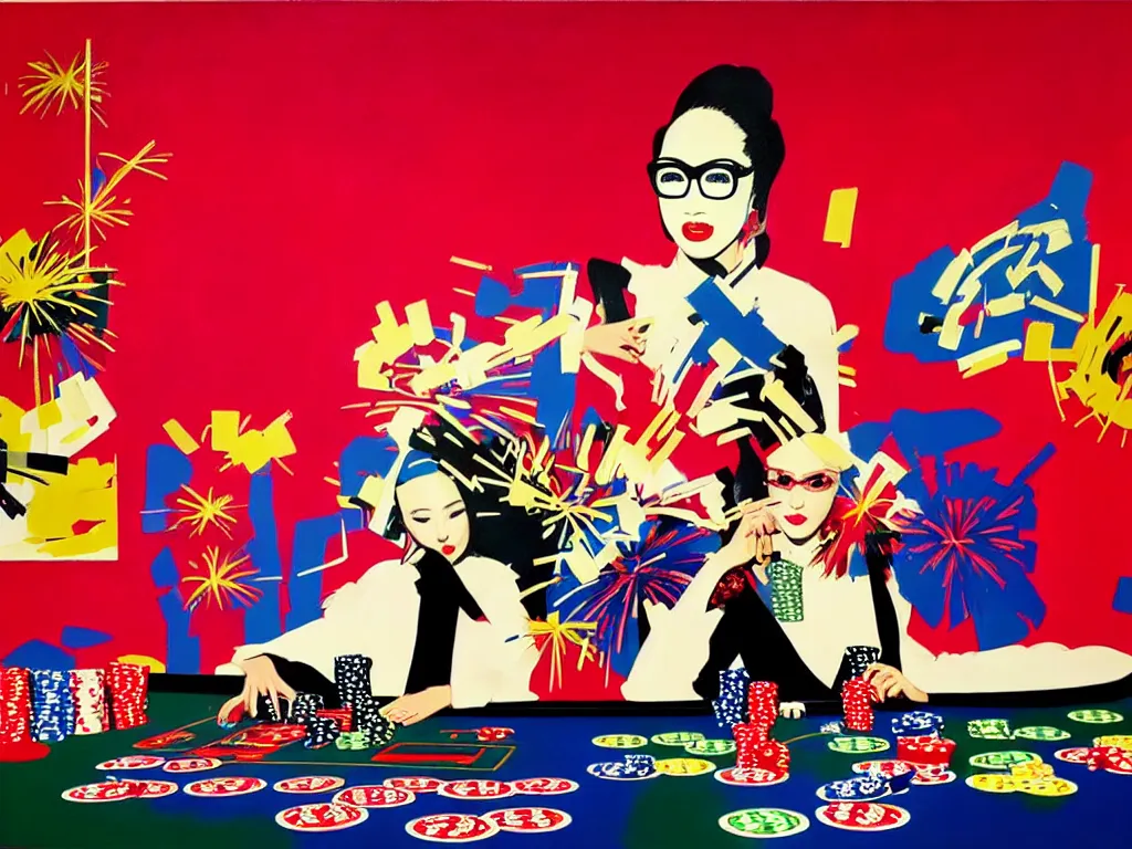 Image similar to hyper - realistic composition of a room in a casino with an extremely detailed poker table, croupier in kimono standing nearby fireworks in the background, pop art style, jackie tsai style, andy warhol style, acrylic on canvas