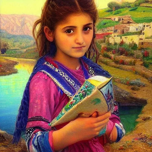 Image similar to beautiful painting by sophie anderson of a beautiful young kurdish girl by a river in a kurdish village, award winning art, insanely detailed, bright colors, global illumination, cute, young, stunning