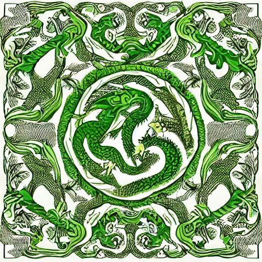 Image similar to green dragon surrounded by rose pattern, by mc escher, intricate, elegant