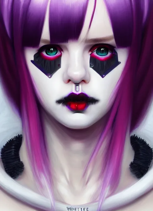 Image similar to portrait of white teenage girl, normal face, white bangs, mall goth, cyberlox, black and white hair, bangs, fluffy bangs, red contact lenses, purple lipstick, intricate, elegant, highly detailed, digital painting, artstation, concept art, sharp focus, smooth, illustration, art by wlop, mars ravelo and greg rutkowski