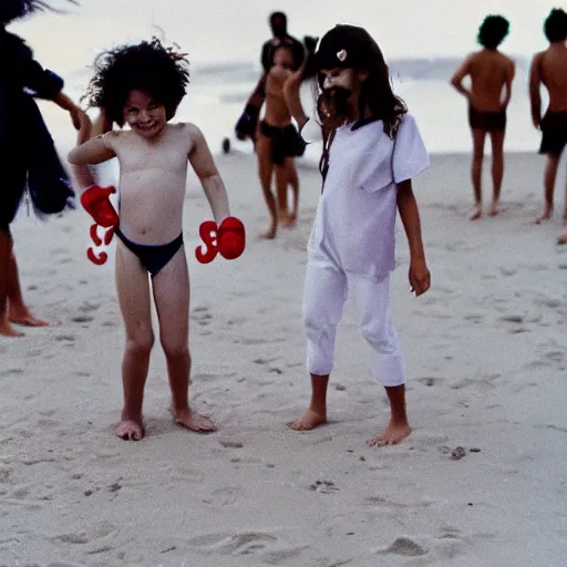 Image similar to kids on halloween costumes in copacabana beach, rio de janeiro, 8 0 s, nostalgic photograph, 3 5 mm, iso 4 0 0, kodak